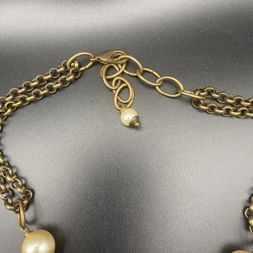 Signed Jan Michaels Art Nouveau Necklace Gold Brass Tone Caged Pearl Rolo Chain - Picture 8 of 8